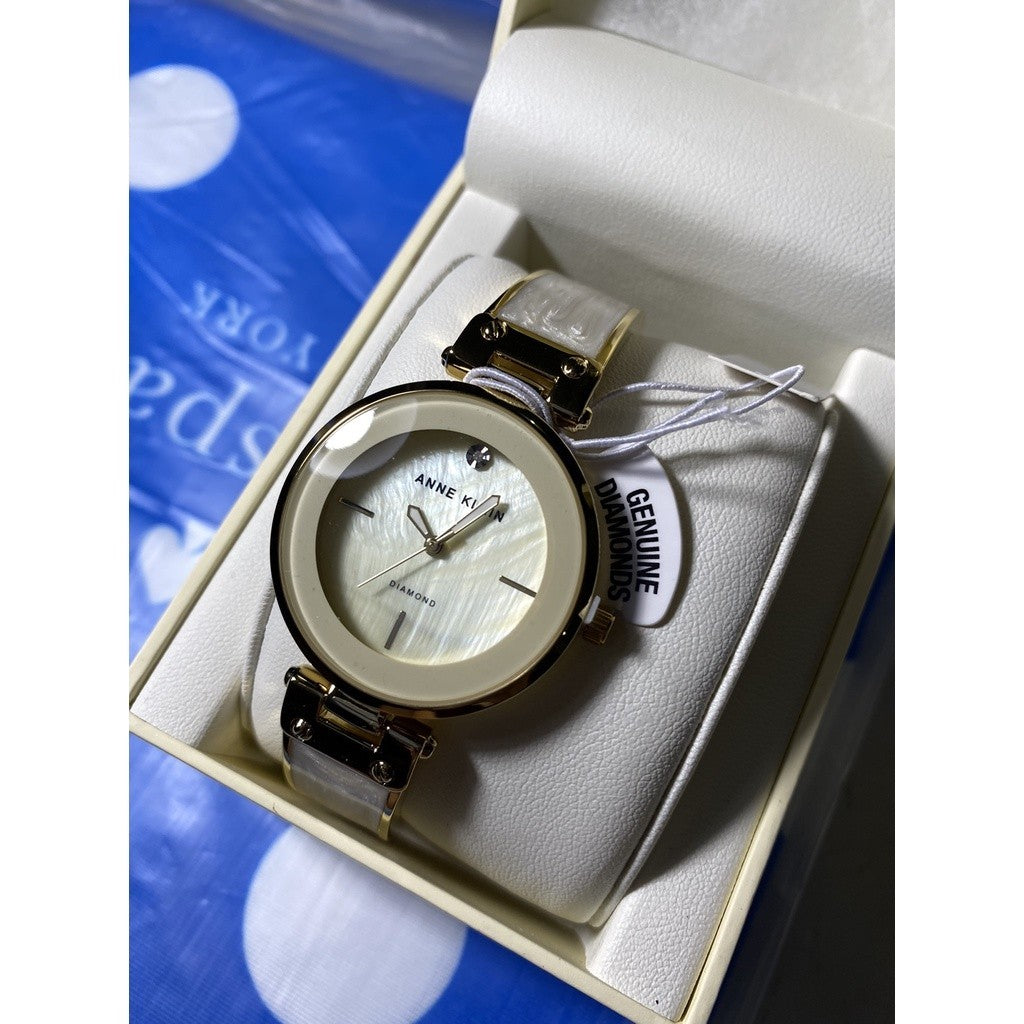 AK Klein Women's AK/2512IVGB Diamond-Accented Dial Gold Tone Ivory White Bangle Watch