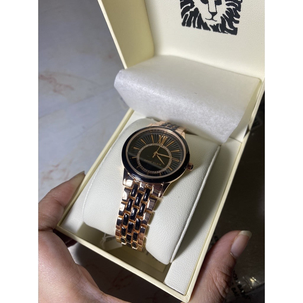 AK Klein Women's Glitter Accented Dial Bracelet Watch, AK/3924BKRG - Rose Gold/Black