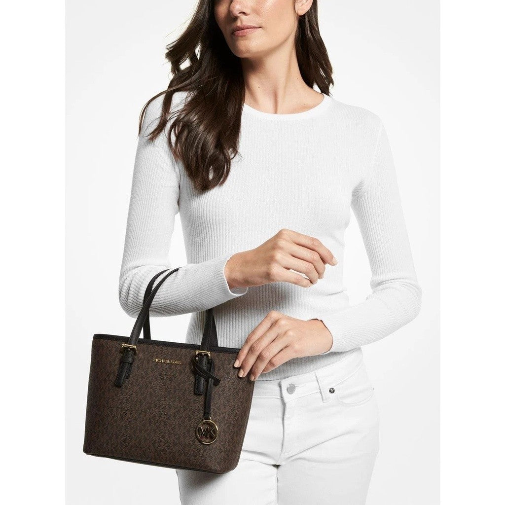 ORIG & IMPORTED MK Jet Set Travel Extra-Small Logo Top-Zip Tote Bag in Brown/Black