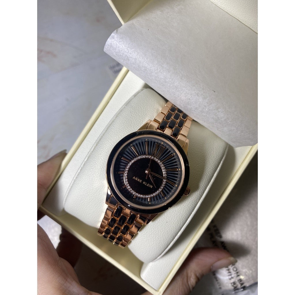AK Klein Women's Glitter Accented Dial Bracelet Watch, AK/3924BKRG - Rose Gold/Black