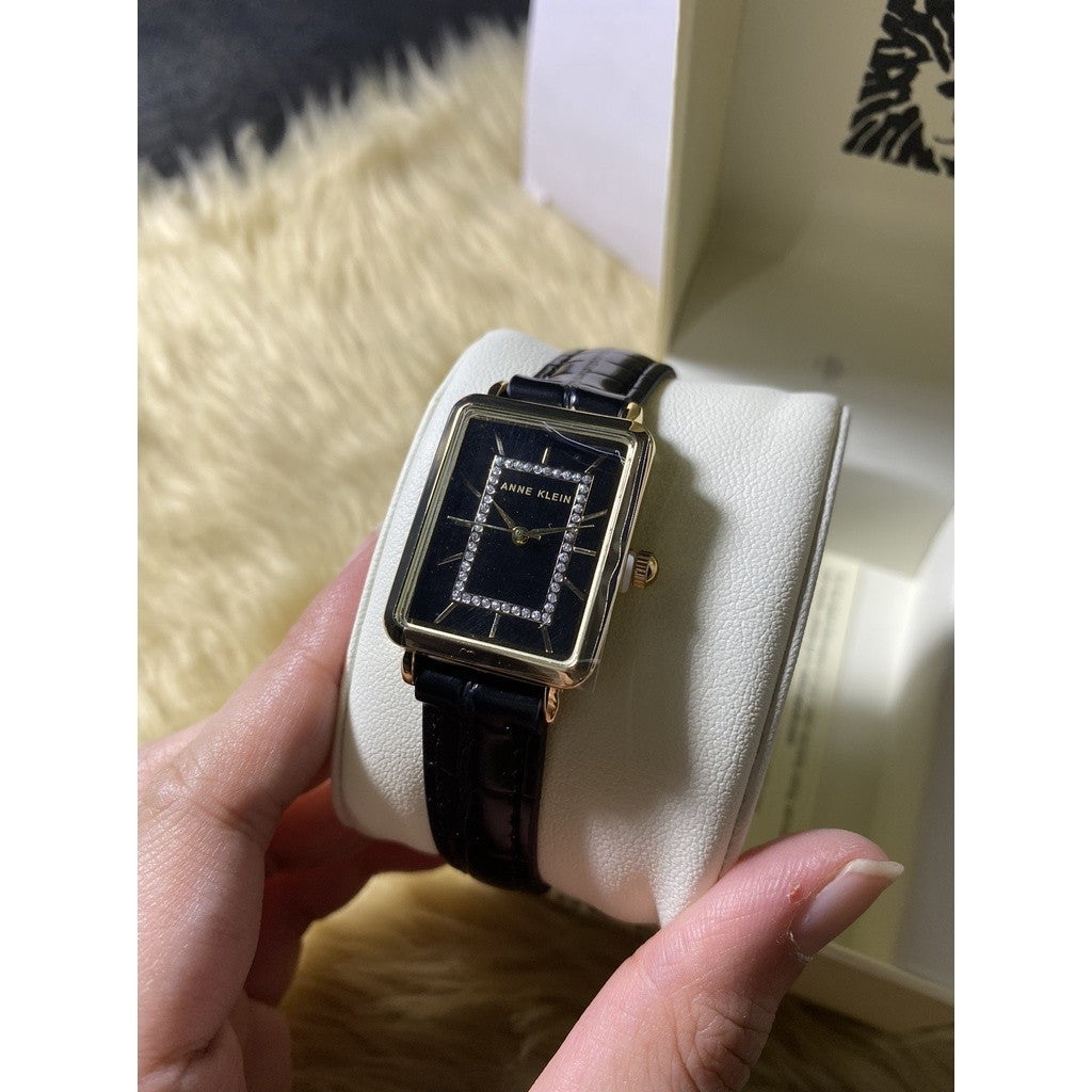 AK Klein Women's Glitter Accented Croco-Grain Strap Watch, Black leather AK/3820GPBK