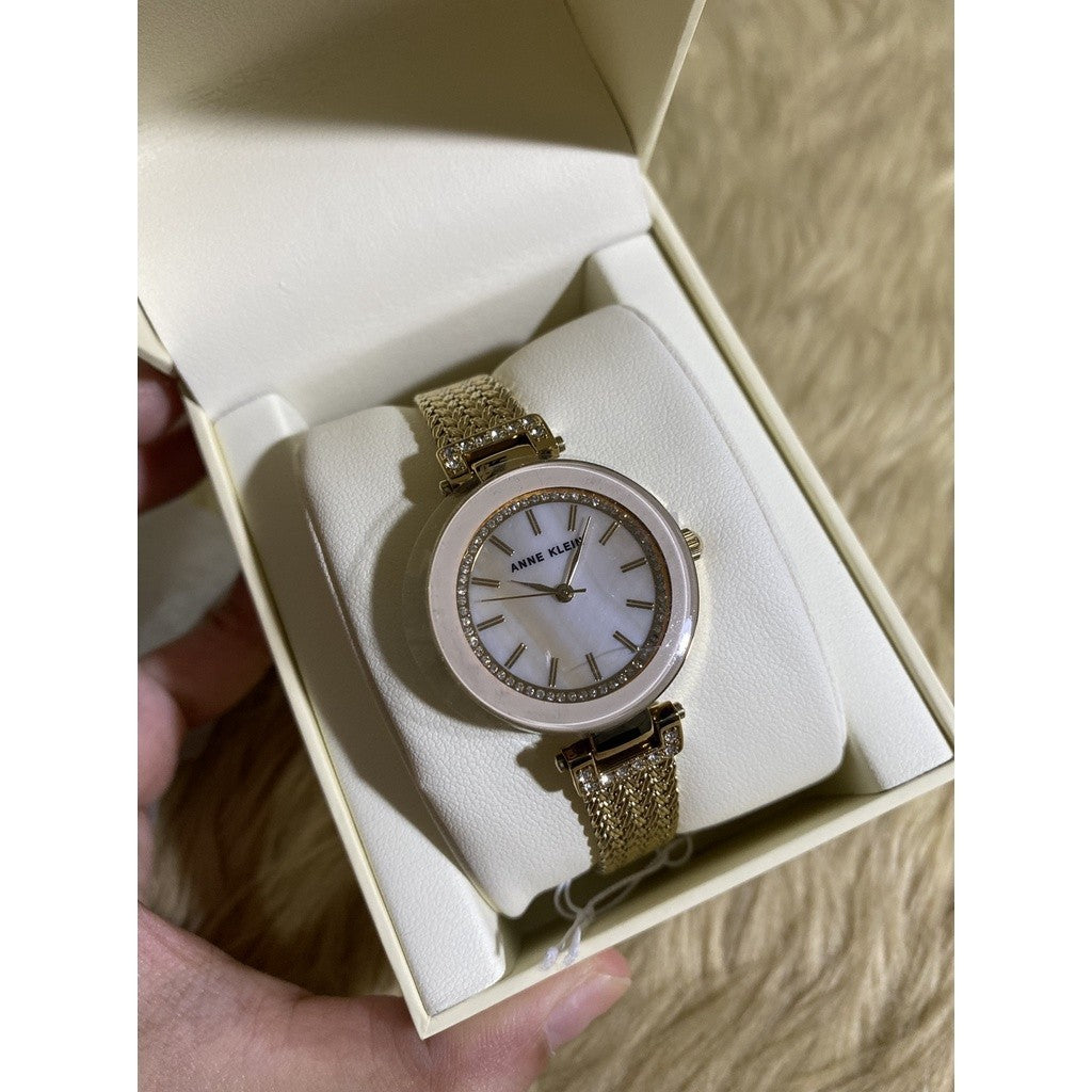 AK Klein Women's Premium Crystal Accented Mesh Bracelet Gold Watch 1906PMGB