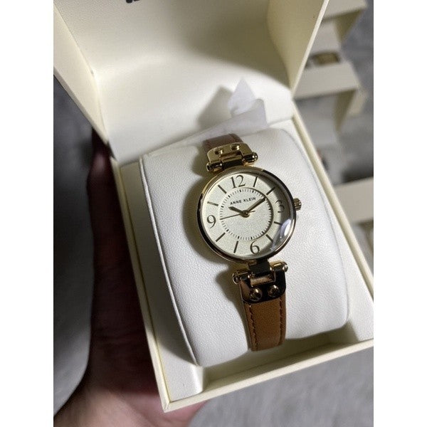 AK Klein Women's Gold-Tone Champagne Dial and Brown Leather Strap Watch 10/9442CHHY