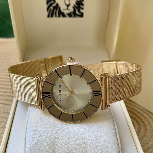 ORIG & IMPORTED AK Klein Women's Glitter Accented Mesh Bracelet Watch Gold AK/3780CHGB