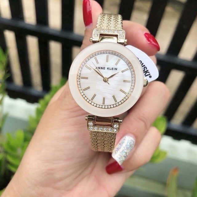 AK Klein Women's Premium Crystal Accented Mesh Bracelet Gold Watch 1906PMGB
