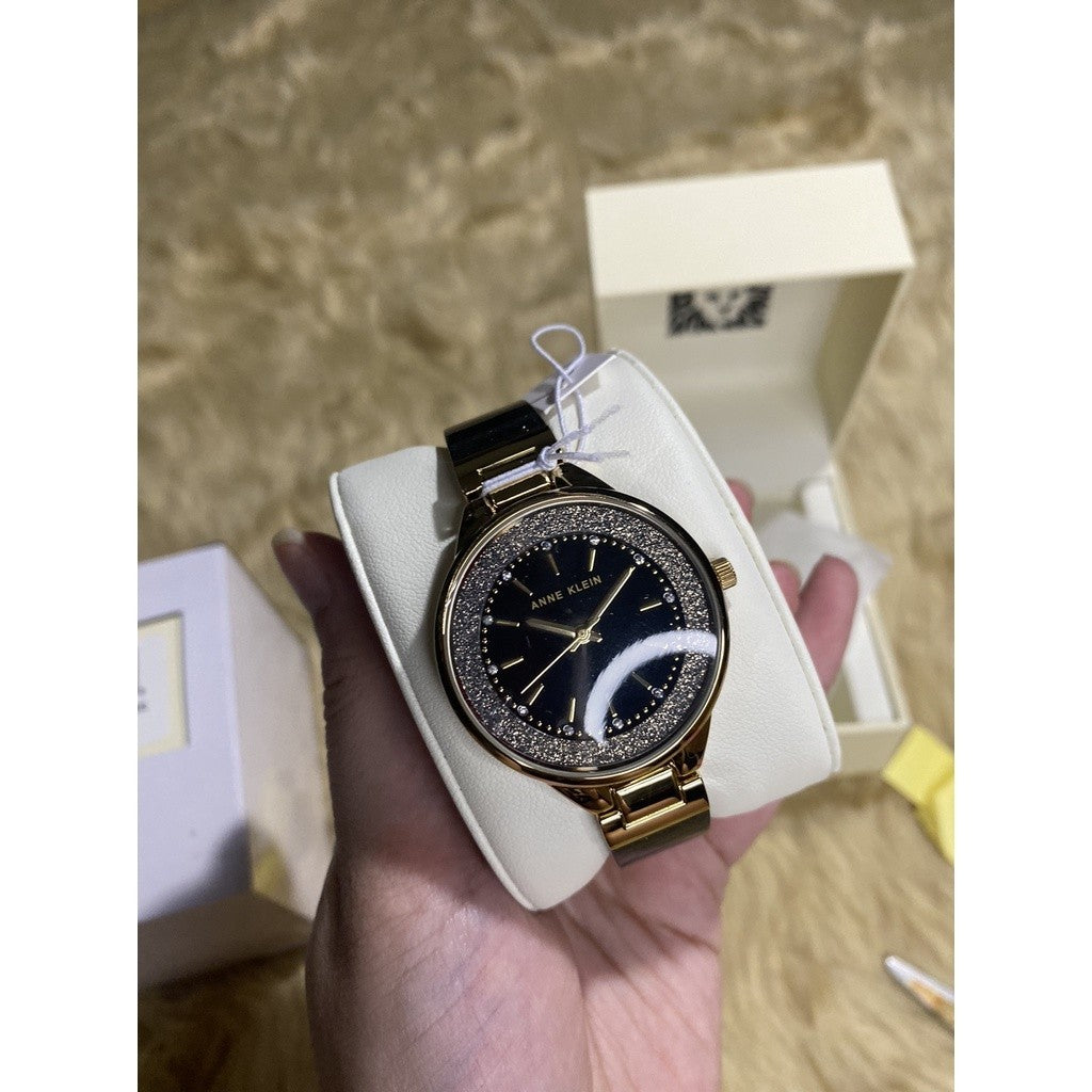 AK Klein Women's AK/1408BKBK Premium Crystal Accented Black Shimmer Resin Watch