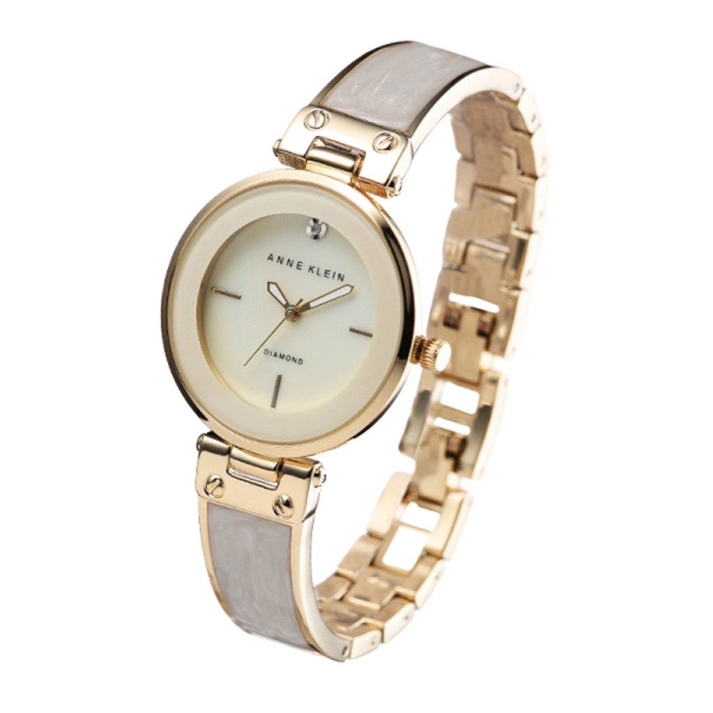 AK Klein Women's AK/2512IVGB Diamond-Accented Dial Gold Tone Ivory White Bangle Watch