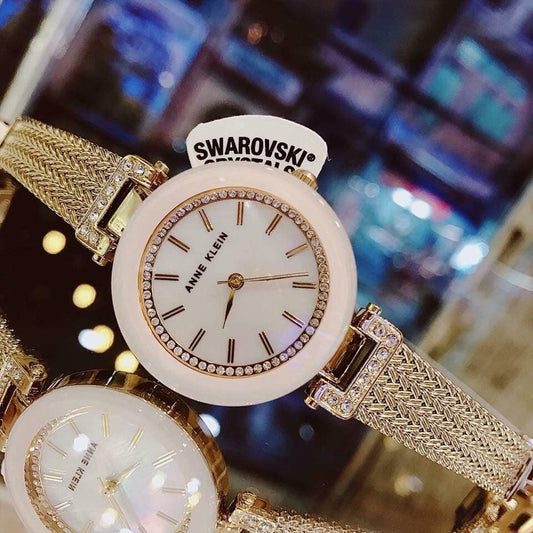 AK Klein Women's Premium Crystal Accented Mesh Bracelet Gold Watch 1906PMGB
