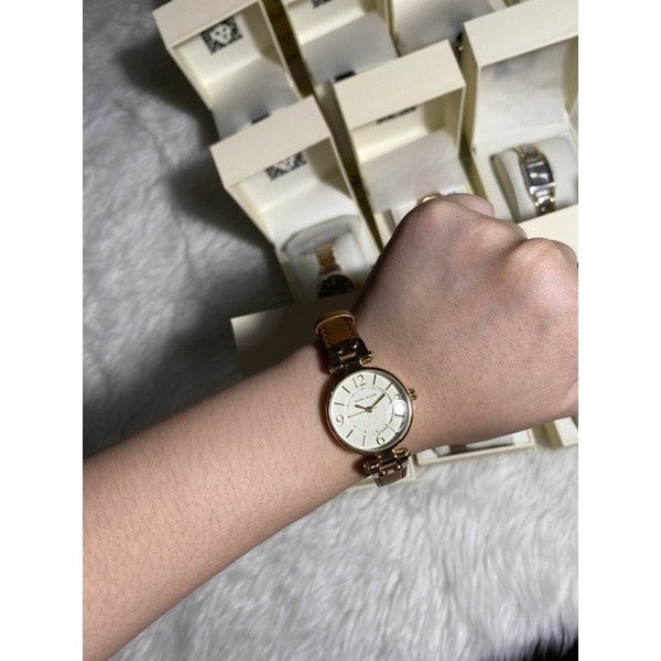 AK Klein Women's Gold-Tone Champagne Dial and Brown Leather Strap Watch 10/9442CHHY