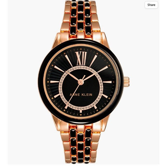 AK Klein Women's Glitter Accented Dial Bracelet Watch, AK/3924BKRG - Rose Gold/Black