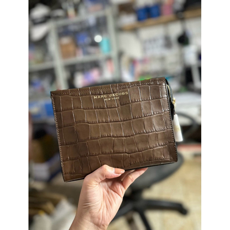 SALE! ORIG & IMPORTED MJ Grind Croc Embossed Leather Cosmetic Pouch Dark Brown