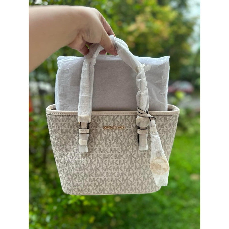 ORIG Preloved MK Jet Set Travel Extra-Small Logo Tote Bag Optic White