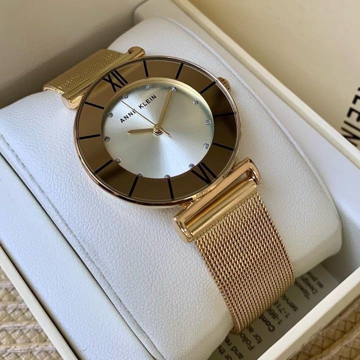 ORIG & IMPORTED AK Klein Women's Glitter Accented Mesh Bracelet Watch Gold AK/3780CHGB