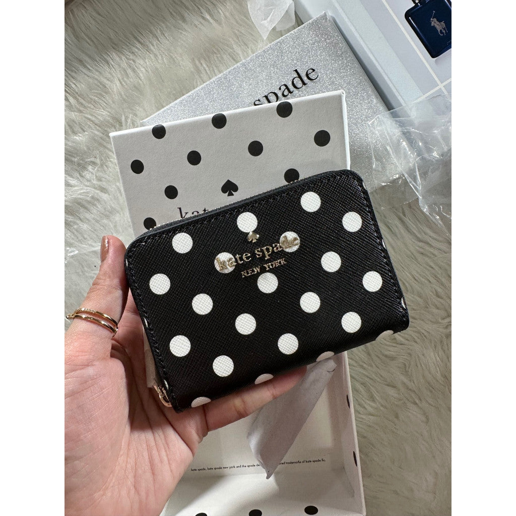 ORIG & IMPORTED KS Cheers Boxed Small Zip Around Card Case Wallet Black Polka