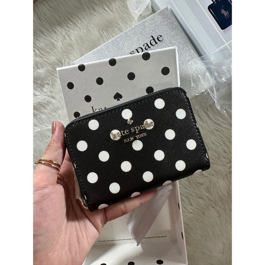 ORIG & IMPORTED KS Cheers Boxed Small Zip Around Card Case Wallet Black Polka