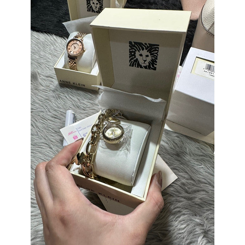 NO BOX! AK Klein Women's Premium Crystal Accented Gold-Tone Charm Bracelet Watch 10/7604CHRM