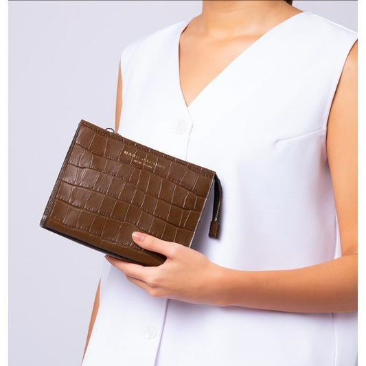 SALE! ORIG & IMPORTED MJ Grind Croc Embossed Leather Cosmetic Pouch Dark Brown