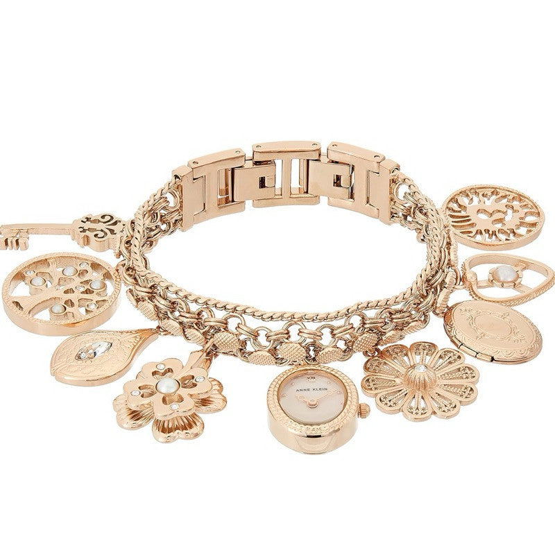 AK Klein Women's Premium Rose Gold-Tone Charm Bracelet Watch 8096RMCH 8096CHRM