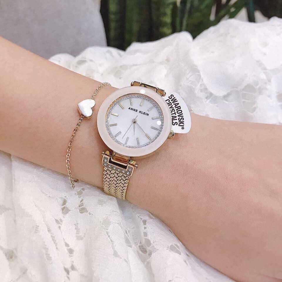 AK Klein Women's Premium Crystal Accented Mesh Bracelet Gold Watch 1906PMGB