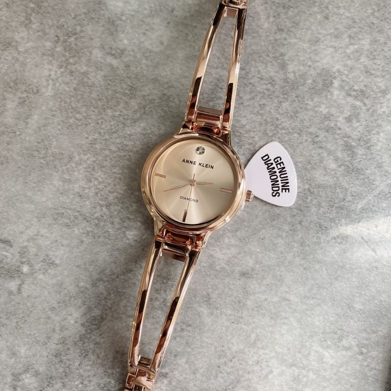 AK Klein Women's 2626RGRG Diamond-Accented Dial Rose Gold-Tone Bangle Watch