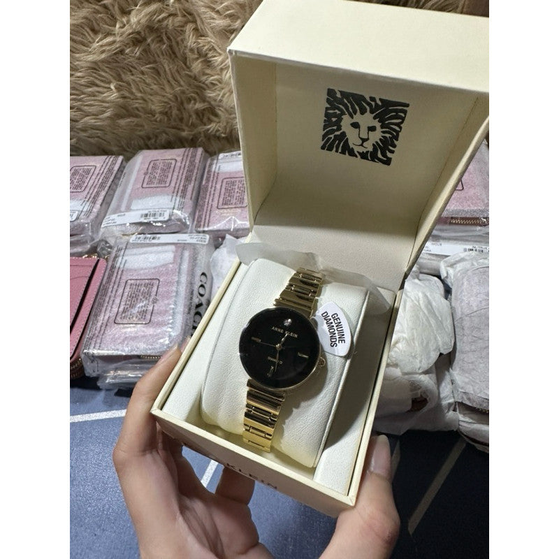 AK Klein Women's AK/2434BKGB Diamond-Accented Gold-Tone Bracelet Watch