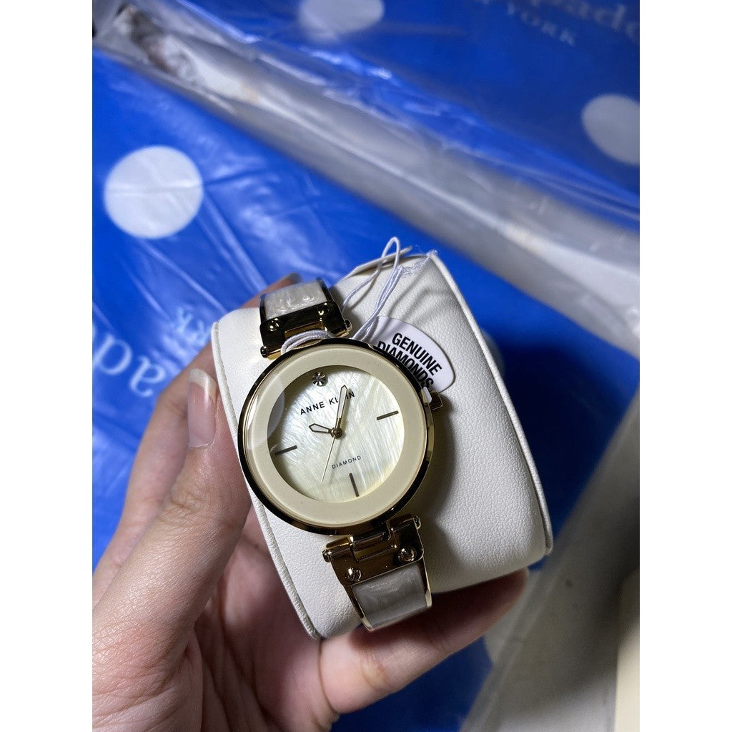 AK Klein Women's AK/2512IVGB Diamond-Accented Dial Gold Tone Ivory White Bangle Watch