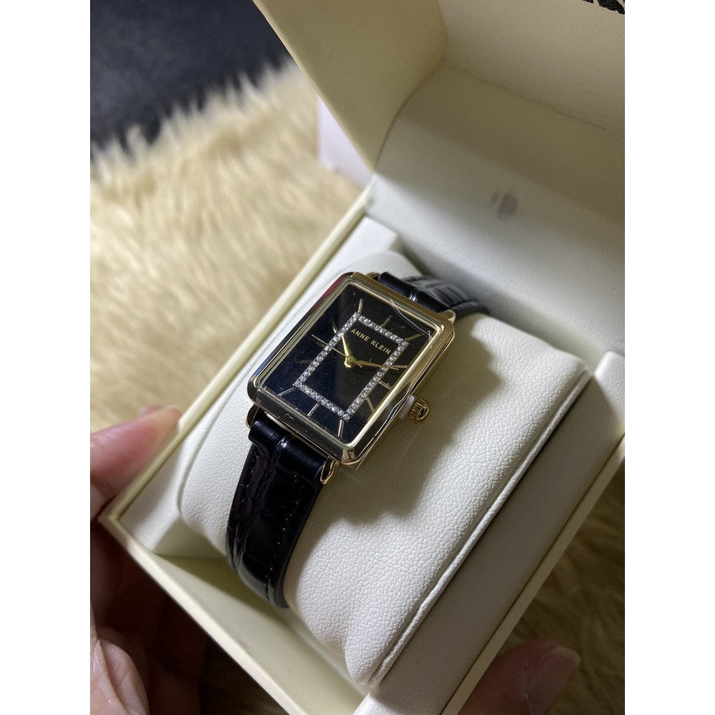 AK Klein Women's Glitter Accented Croco-Grain Strap Watch, Black leather AK/3820GPBK