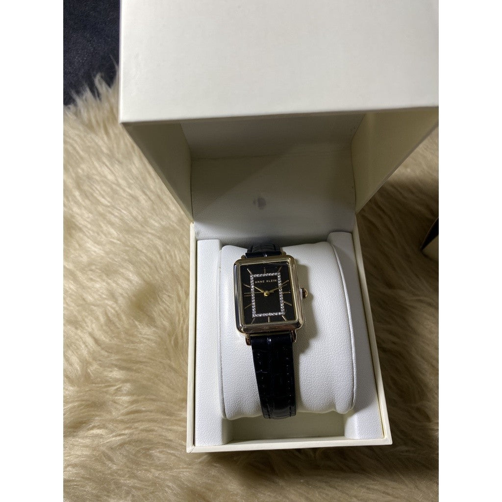 AK Klein Women's Glitter Accented Croco-Grain Strap Watch, Black leather AK/3820GPBK