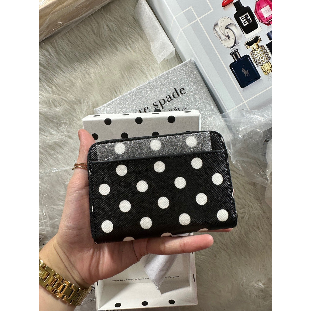 ORIG & IMPORTED KS Cheers Boxed Small Zip Around Card Case Wallet Black Polka