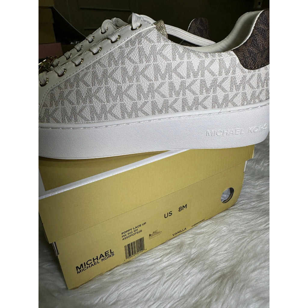AUTHENTIC/ORIGINAL Michael K0rs MK Poppy Color-Block Logo Vanilla White Sneaker Shoes