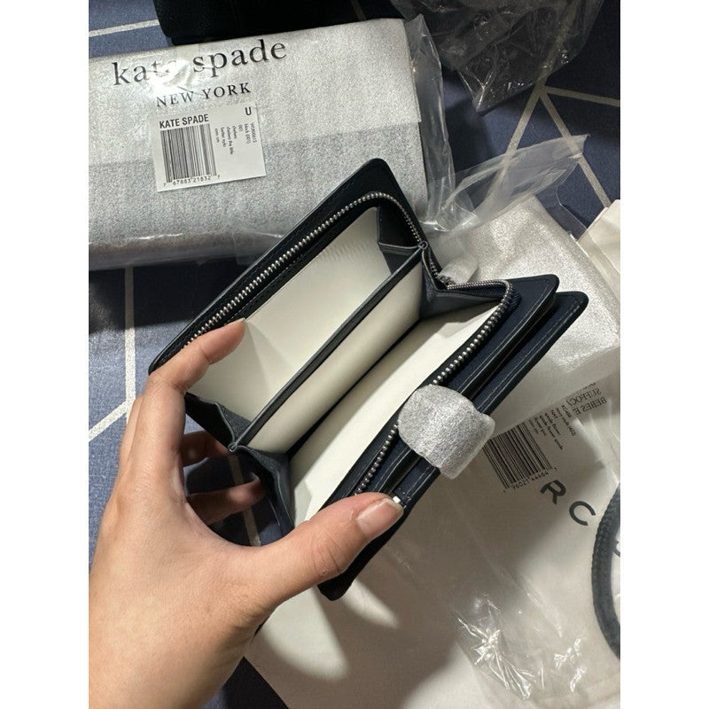 ORIG & IMPORTED KS Signature Spade Flower Medium Compact Bifold Wallet Navy Blue Beige