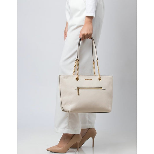 ORIG & IMPORTED MK Jet Set Leather Medium Chain Tote Bag Light Cream White