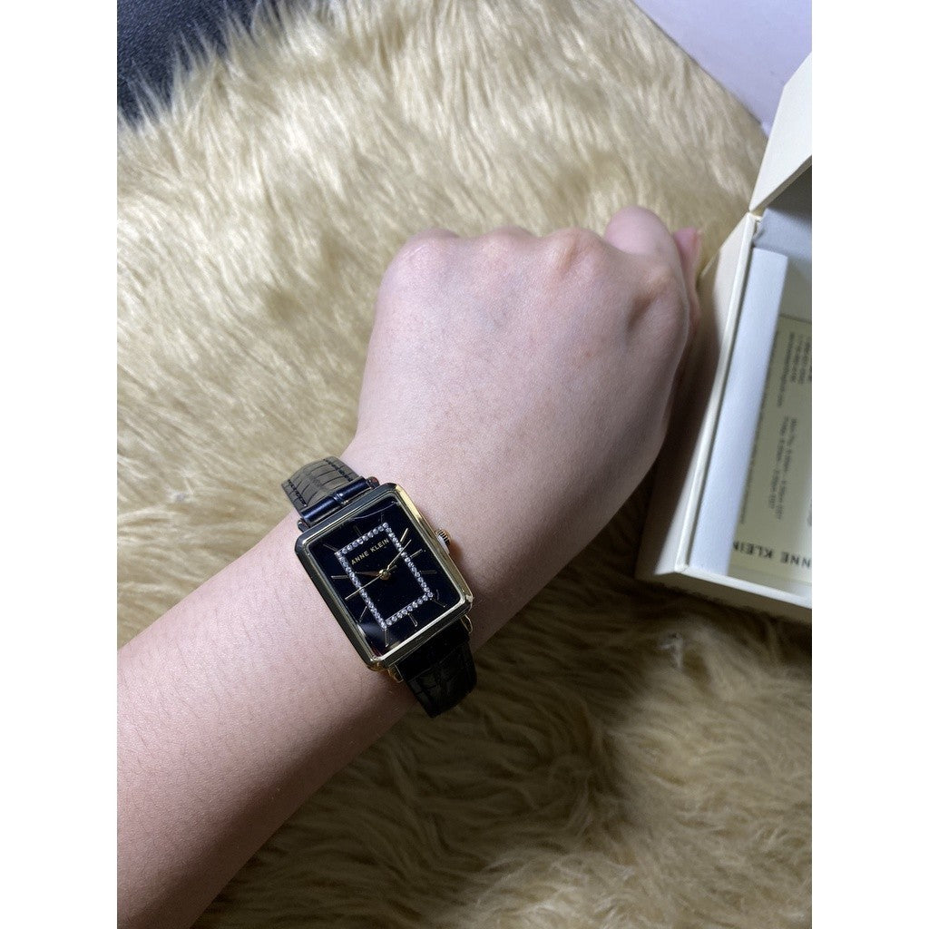 AK Klein Women's Glitter Accented Croco-Grain Strap Watch, Black leather AK/3820GPBK