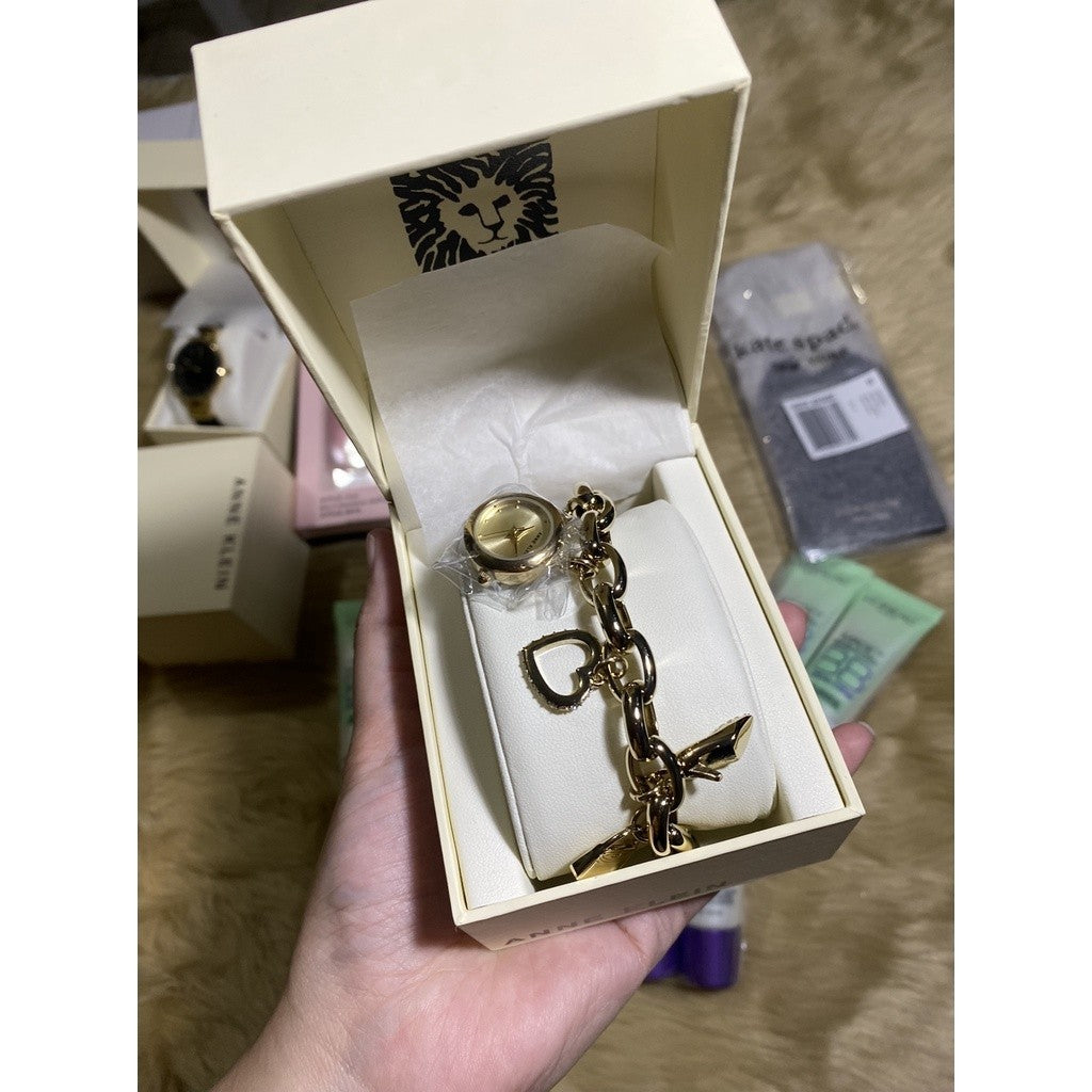 NO BOX! AK Klein Women's Premium Crystal Accented Gold-Tone Charm Bracelet Watch 10/7604CHRM