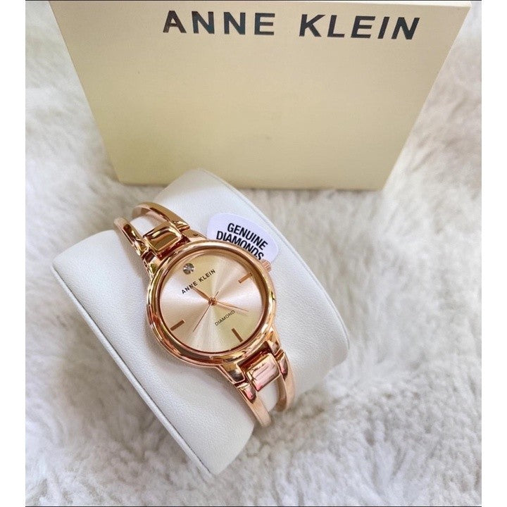 AK Klein Women's 2626RGRG Diamond-Accented Dial Rose Gold-Tone Bangle Watch