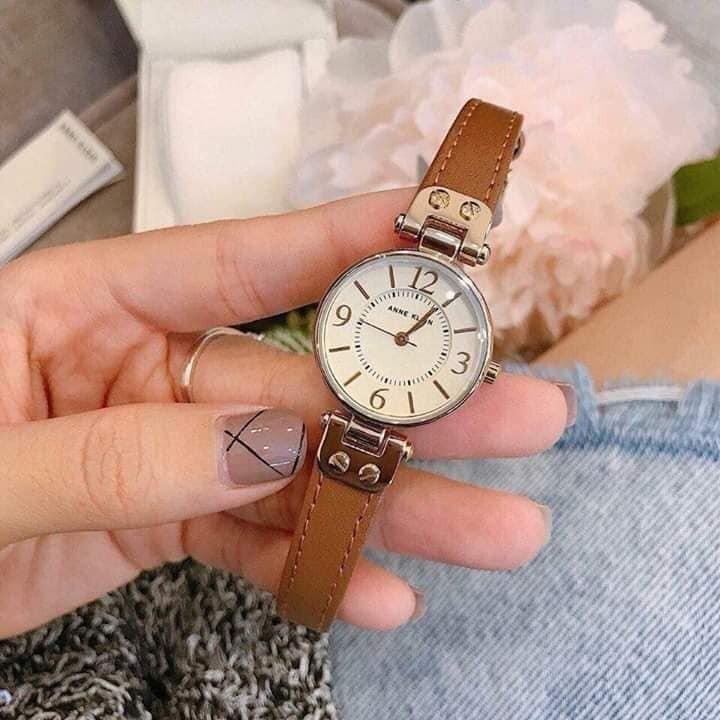 AK Klein Women's Gold-Tone Champagne Dial and Brown Leather Strap Watch 10/9442CHHY