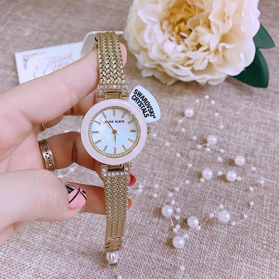 AK Klein Women's Premium Crystal Accented Mesh Bracelet Gold Watch 1906PMGB