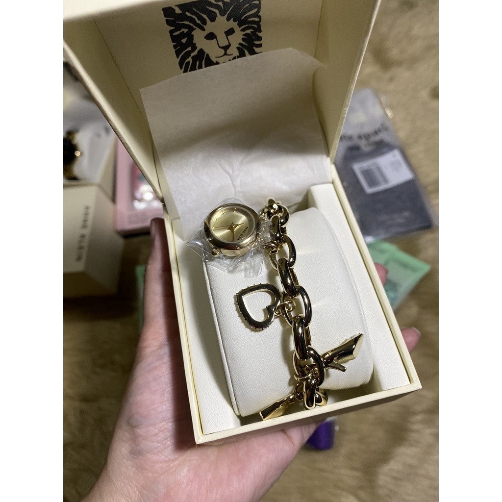 NO BOX! AK Klein Women's Premium Crystal Accented Gold-Tone Charm Bracelet Watch 10/7604CHRM
