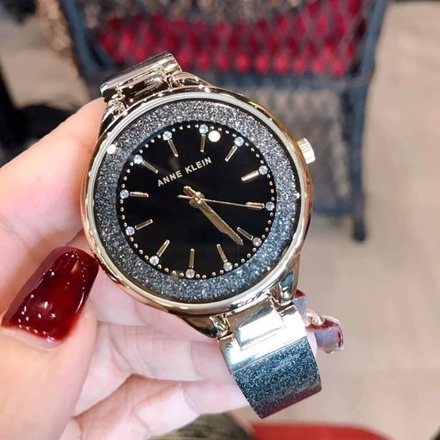 AK Klein Women's AK/1408BKBK Premium Crystal Accented Black Shimmer Resin Watch
