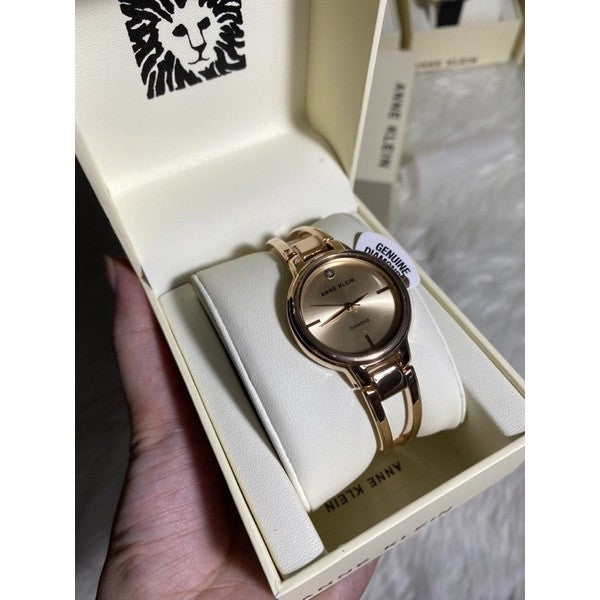 AK Klein Women's 2626RGRG Diamond-Accented Dial Rose Gold-Tone Bangle Watch