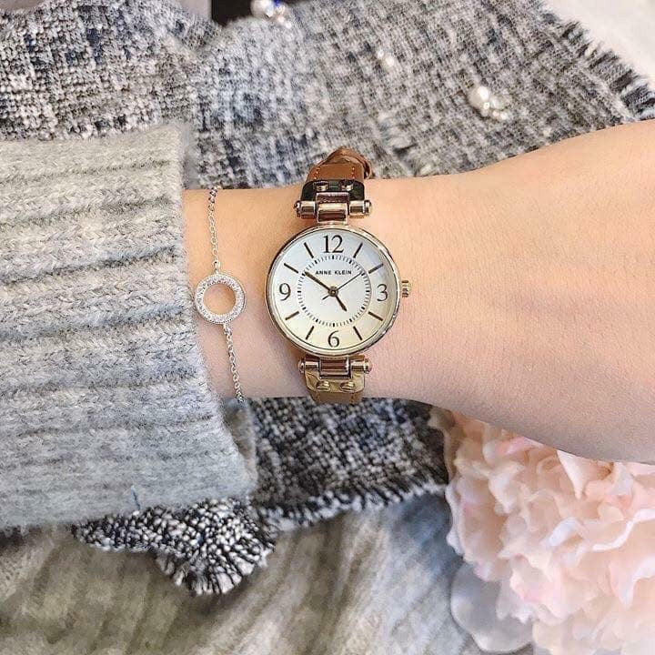 AK Klein Women's Gold-Tone Champagne Dial and Brown Leather Strap Watch 10/9442CHHY