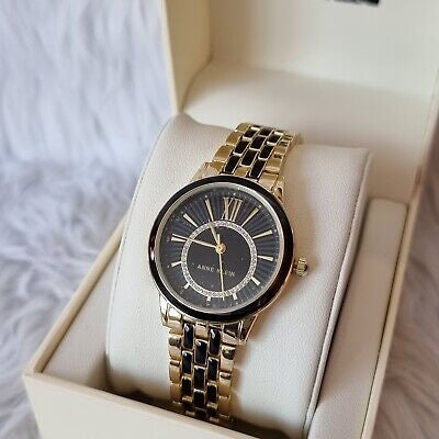 AK Klein Women's Glitter Accented Dial Bracelet Watch, AK/3924BKGB - Gold/Black