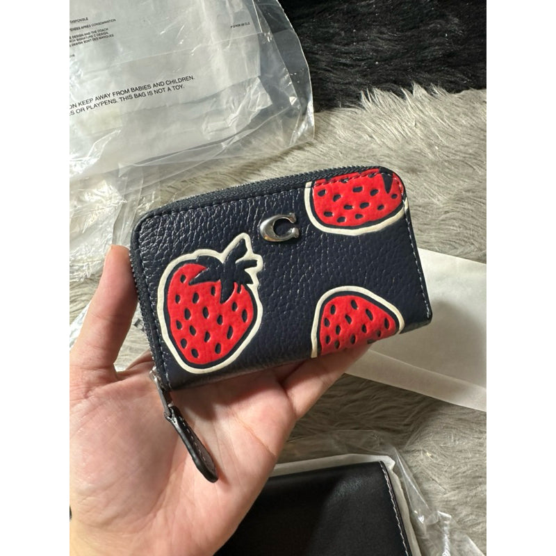 ORIG & IMPORTED CCH Retail Small Zip Around Wallet Card Case With Strawberry Print Blue