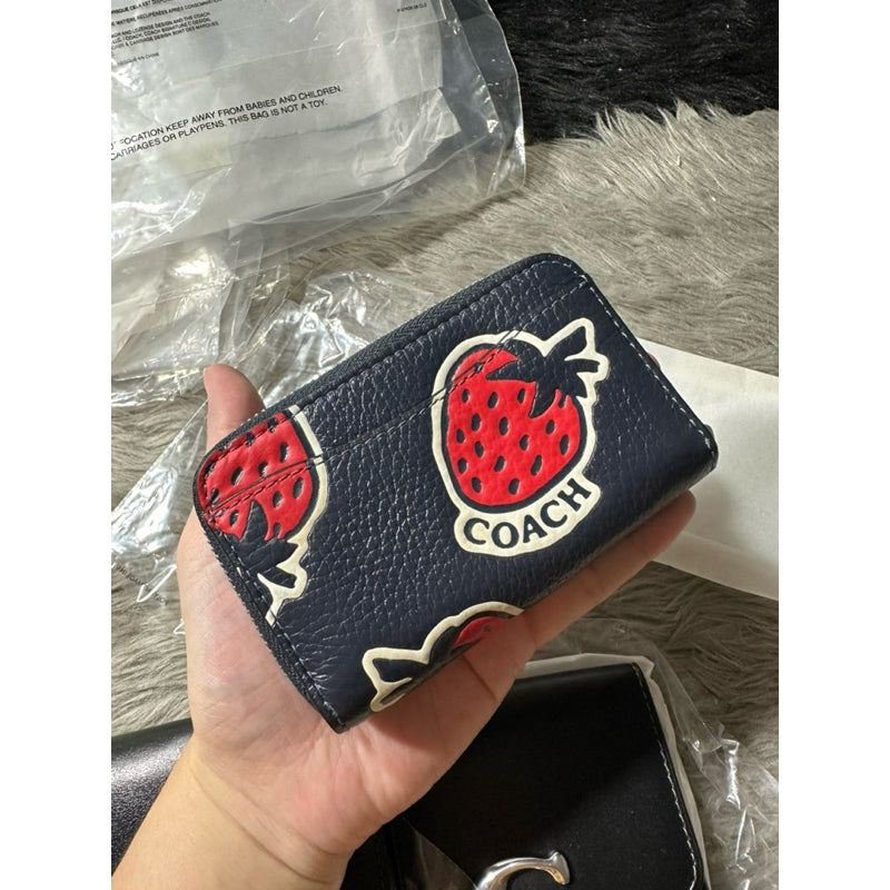 ORIG & IMPORTED CCH Retail Small Zip Around Wallet Card Case With Strawberry Print Blue