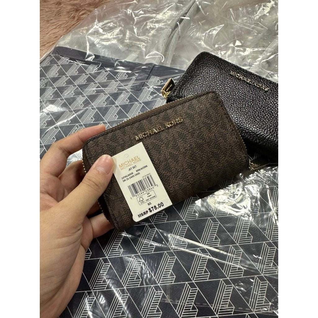 ORIG & IMPORTED MK Small Semi Lux Zip Around Card Case Wallet Brown/White/Black