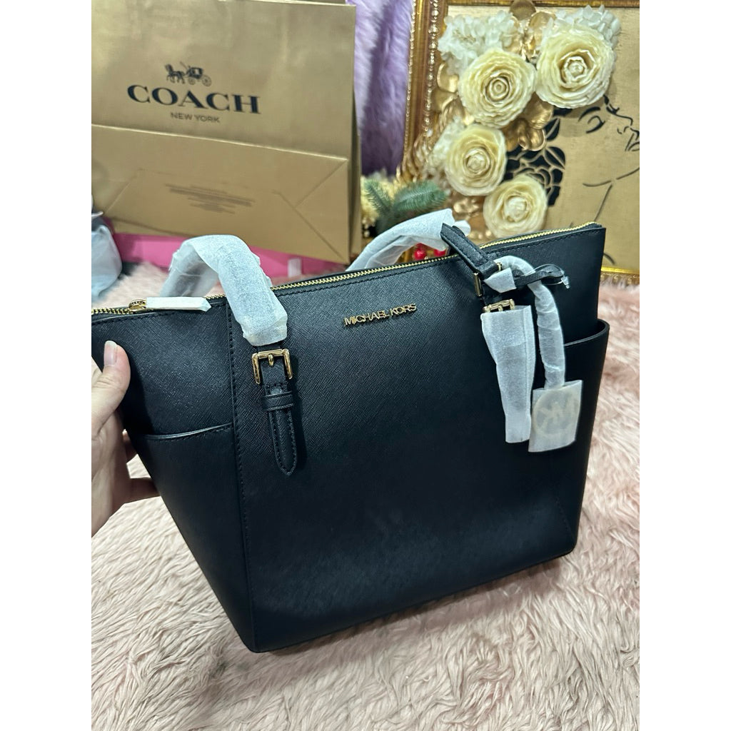 ORIG & IMPORTED MK Charlotte Large Logo and Leather Top-Zip Tote Bag Brown White Black
