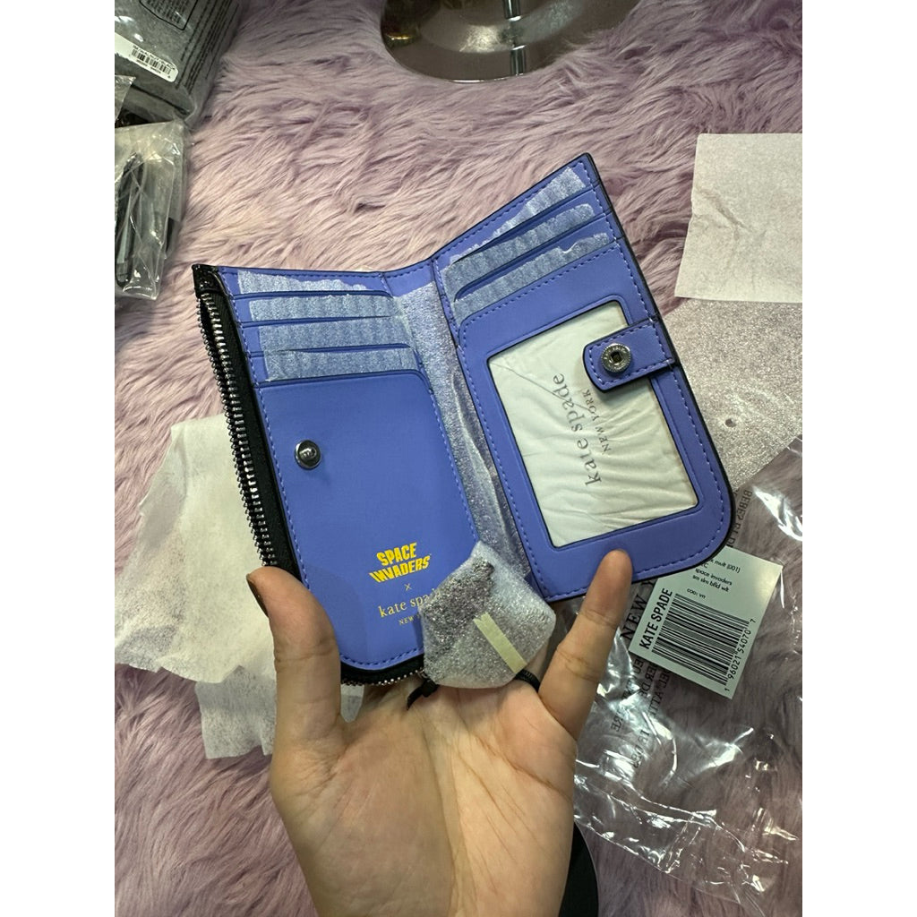 ORIG & IMPORTED KS Space Invaders X Kate Spade Glitter Patent Small Slim Bifold Wallet Black Blue
