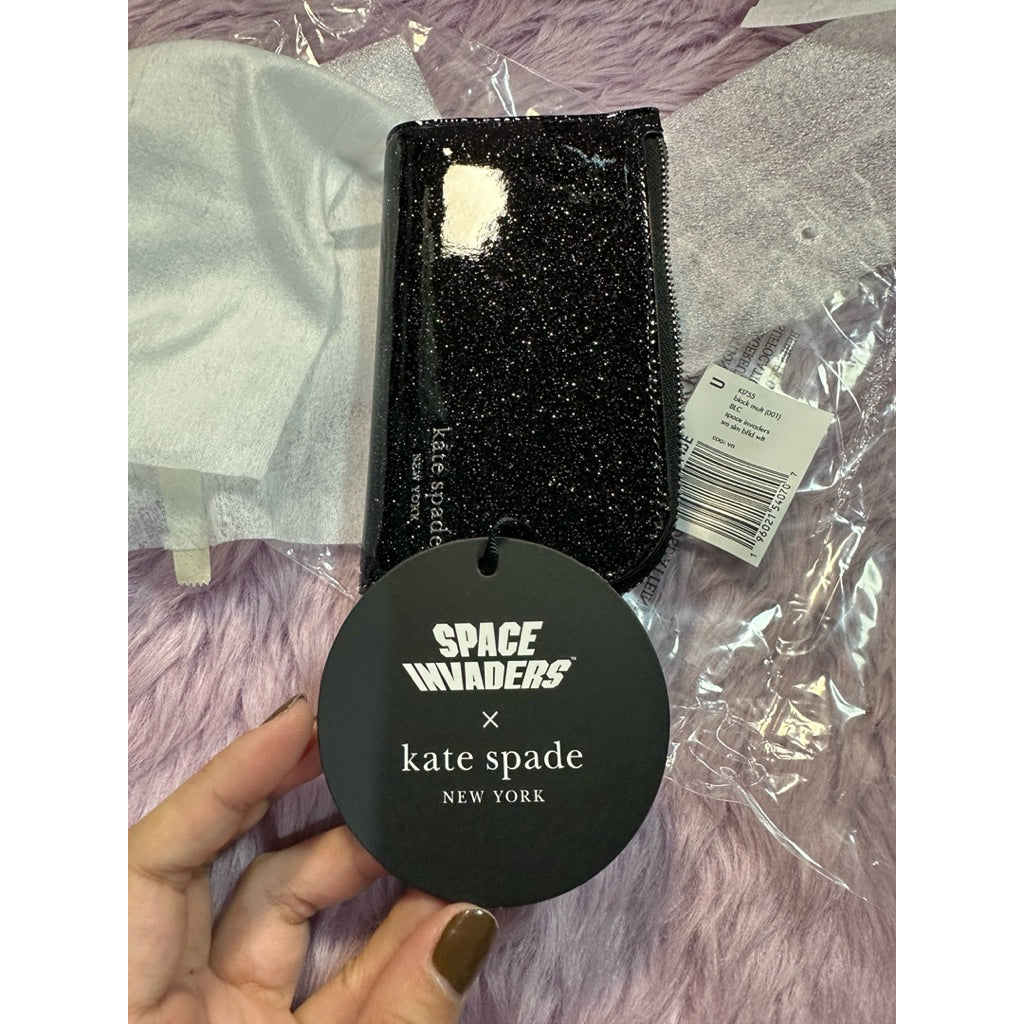 ORIG & IMPORTED KS Space Invaders X Kate Spade Glitter Patent Small Slim Bifold Wallet Black Blue