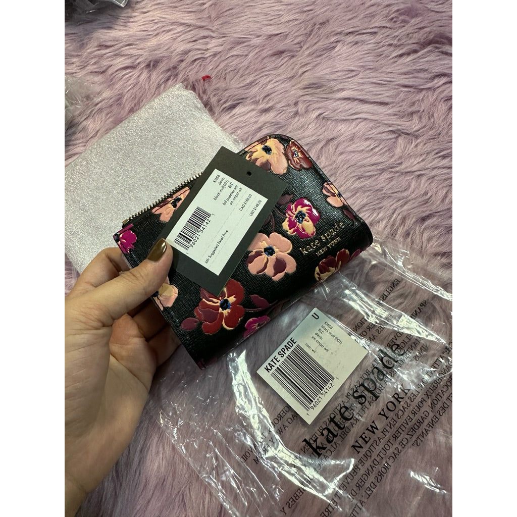 ORIG & IMPORTED Kate Spade Devin Fall Poppies Small Compact Black Floral Bifold Wallet