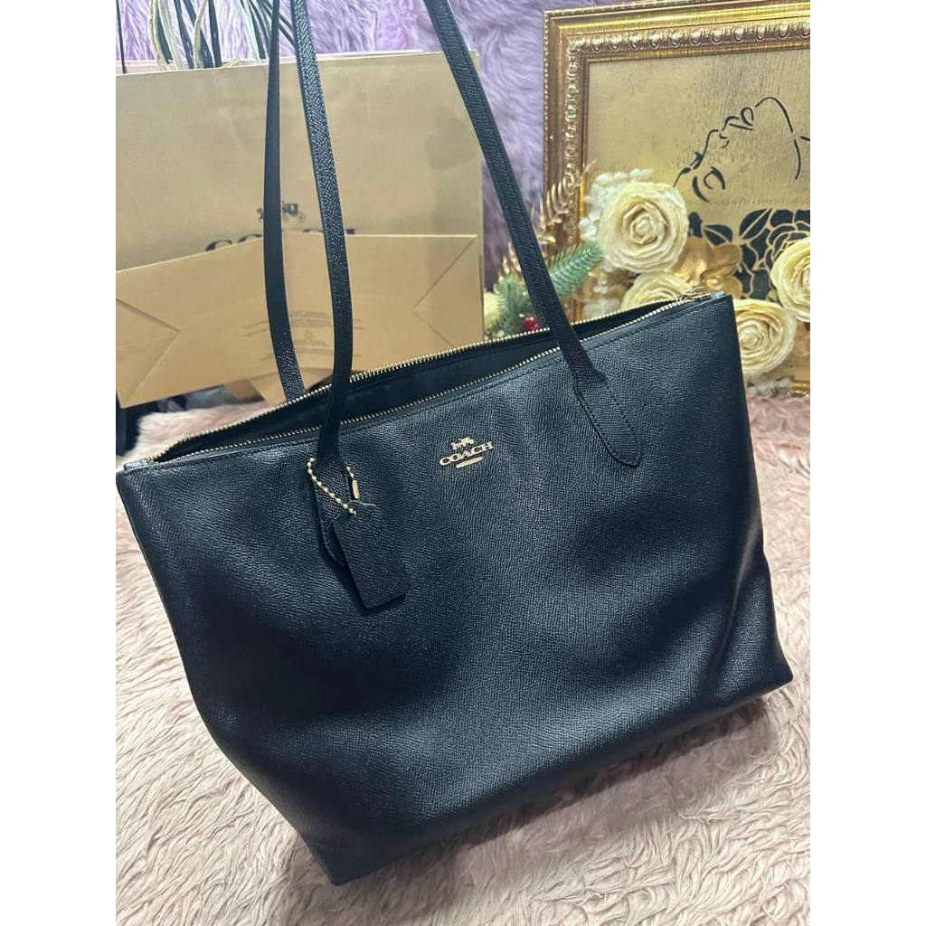 ORIG Preloved CCH Crossgrain Leather Zip Top Tote Shoulder Bag Black